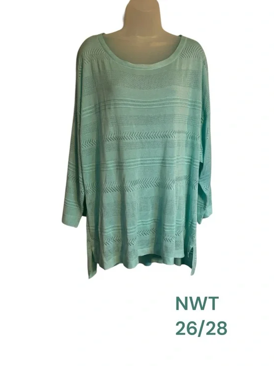 NWT GORGEOUS Seafoam Green Open-Knit Drop-Shoulder Top PLUS: 26/28 #C - Picture 1 of 9